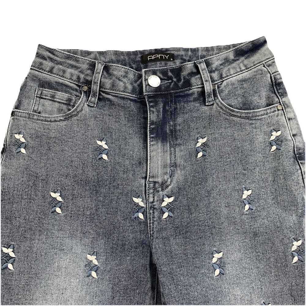 APNY Embroidered Wide Leg Jeans Womens 6 Raw Hem Two-Tone Stretch Denim